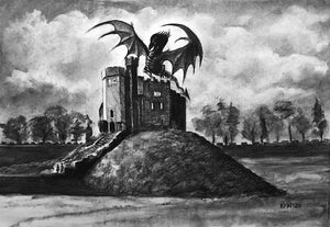 Cardiff Castle Keep with Dragon - Charcoal on Paper