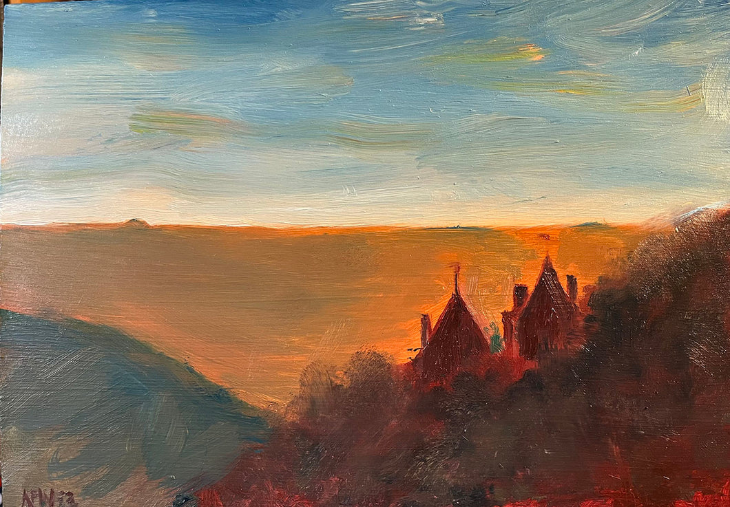 Castell Coach sunset - oil on board