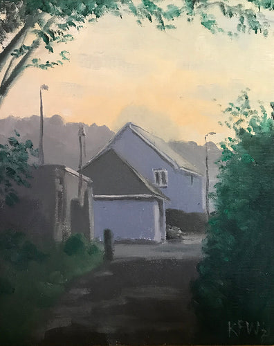 Golden glow, Blue House - oil on board