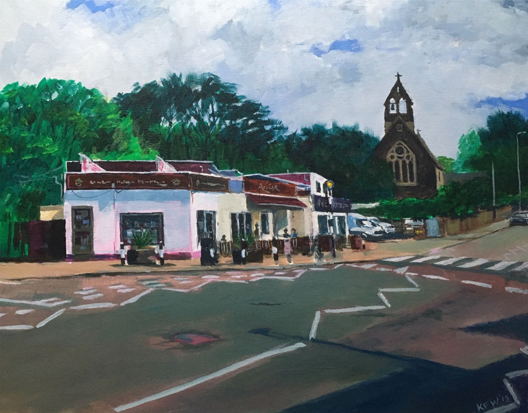 Acrylic on board painting of Arista Cafe, Merthyr Road, Tongwynlais
