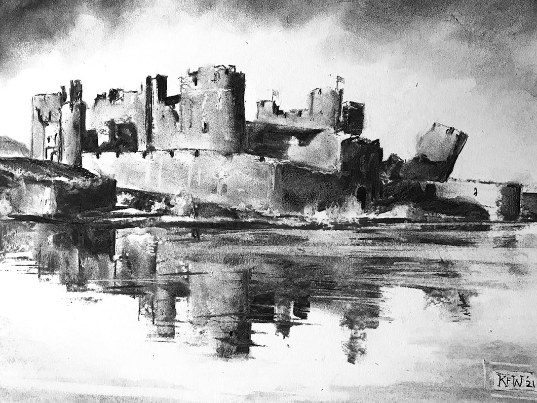 Caerphilly Castle no 2 - Charcoal on Paper