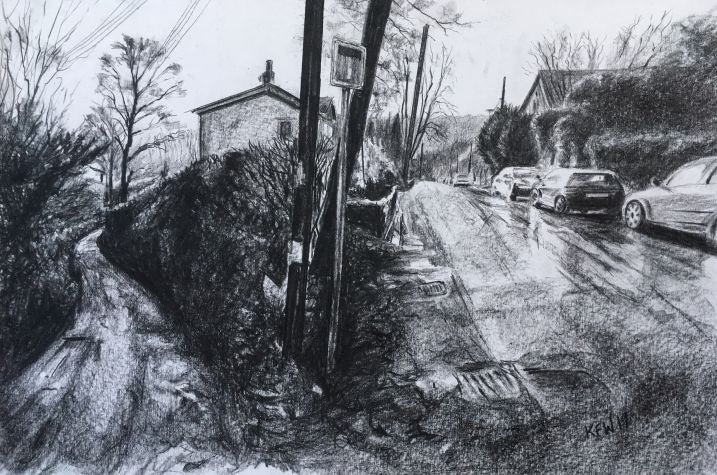 Original charcoal drawing of where Old School Lane meets the main road running through Gwaelod Y Garth
