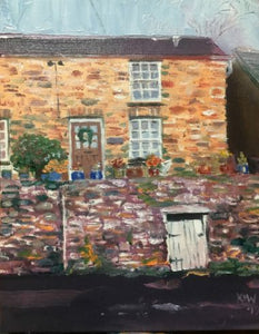 Original oil painting of a miner's cottage with coal shed underneath on the main road of Gwaelod y Garth