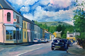 Oil painting of the Spa shop with the Garth mountain in the distance as seen from Tongwynlais