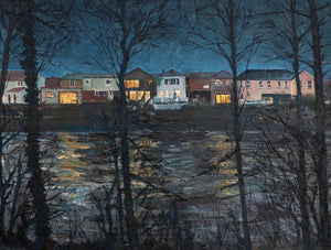 Original oil painting showing the backs of Cardiff Road houses overlooking a swollen River Taff following heavy rain