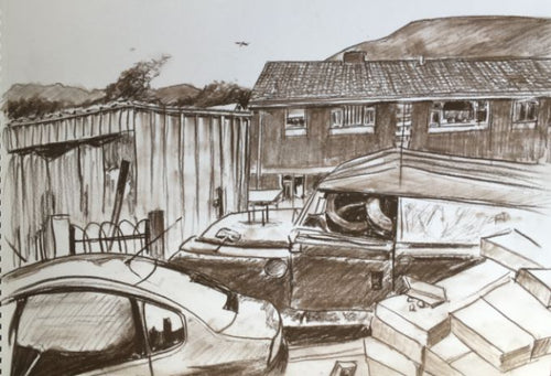 Original graphite drawing of new and relic cars at rear-side of house in Ty Rhiw, Taff's Well
