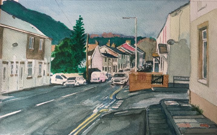 Original watercolour painting depcting the corner of Garth street as it meets Cardiff Road in Taff's Well