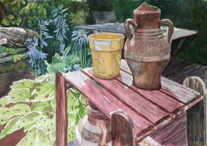 Original watercolour still life painting from a Taff's Well garden, summer 2018