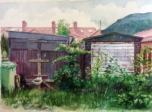 Original Kevin Williams watercolour painting of a lane at the rear of Moy Road, Taff's Well