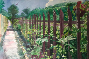 Original Kevin Williams watercolour painting of a walking path running alongside the railway track in Taff's Well