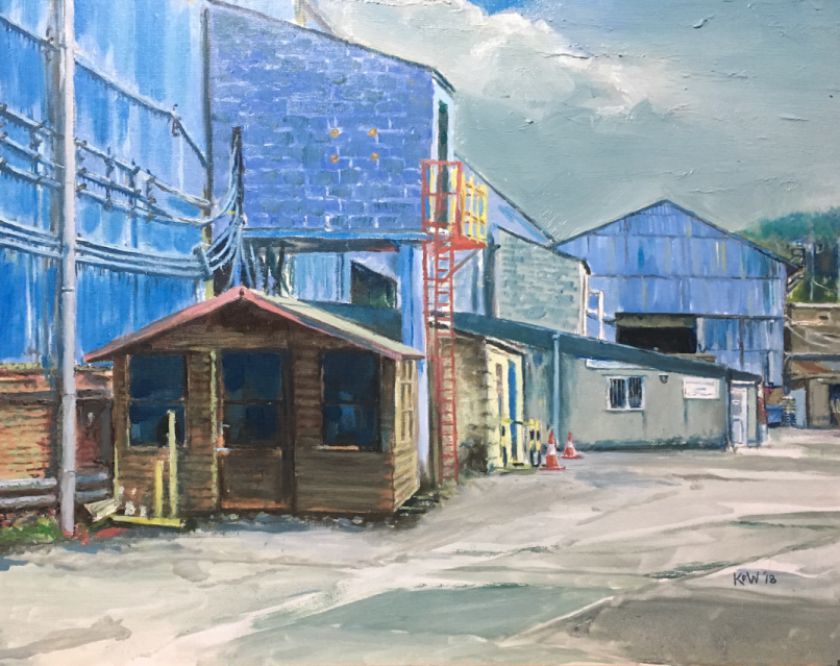Original Kevin Williams oil painting of the Forgemasters industrial sheds in Taff's Well