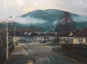 Original oil on board painting of the Garth Mountain as viewed through low cloud mist from Brynau Road, Ty Rhiw, Taff's Well