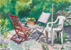 Original watercolour painting of a set of chairs set in a Taff's Well garden during the glorious summer of 2018
