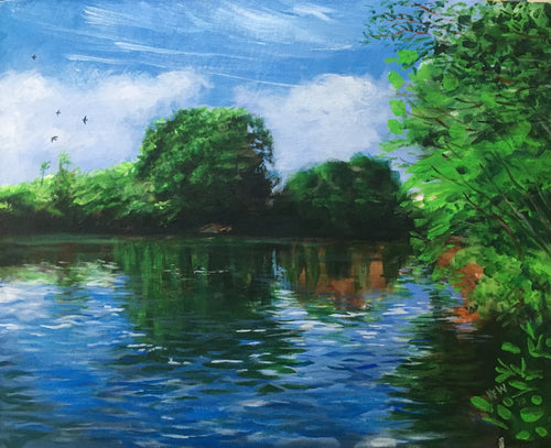 Acrylic on board painting of a flight of swallows over the River Taff, Tongwynlais