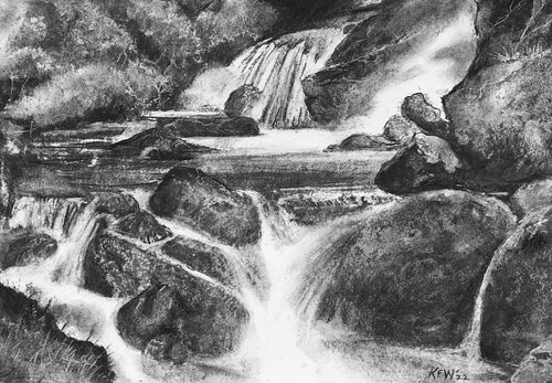 Water and rocks - charcoal on paper
